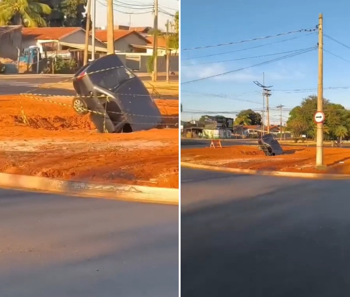 Carro cai em galeria pluvial após invadir rotatória recém-construída em Votuporanga